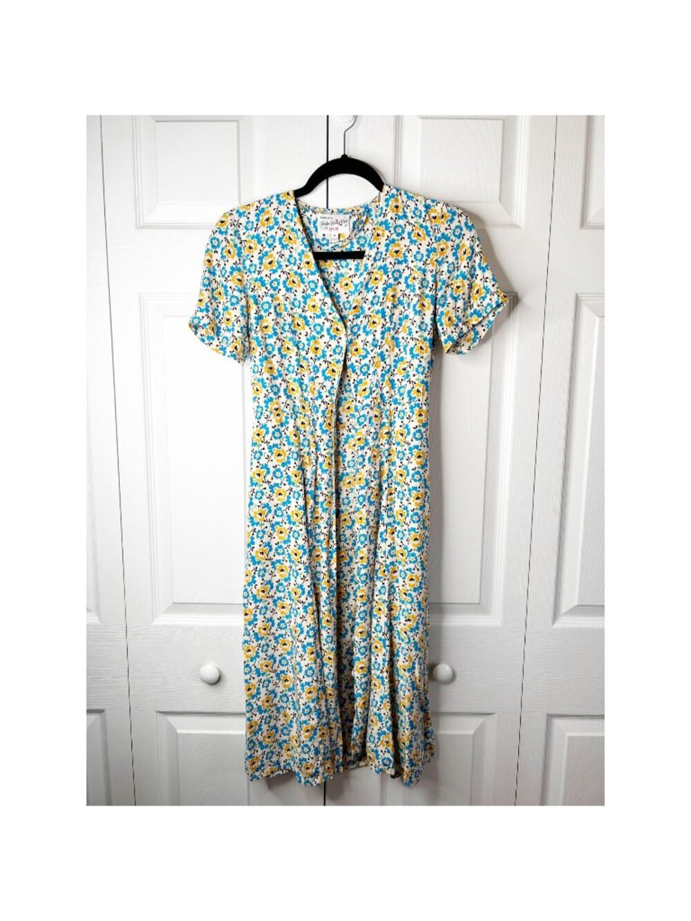 HVN Blue Orange Floral Print V-Neck Rosemary 100% Silk Dress Women's Size 0